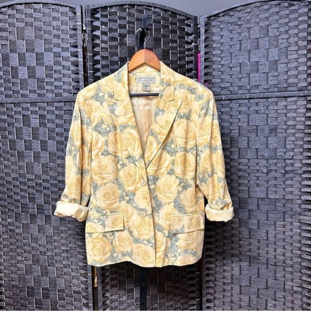 Yellow Roses Silk Blend Blazer by Jones New York Country size 16 western floral
